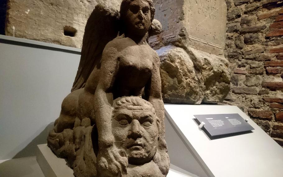 The Colchester Sphinx inside the museum at Colchester Castle in Colchester, England, is from an elaborate Roman tomb estimated to be from AD 43-75.