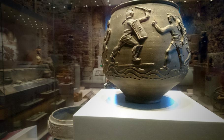 The Colchester Vase displayed at the museum inside Colchester Castle in Colchester, England.  It was found in a grave dated between AD 175 and 200.