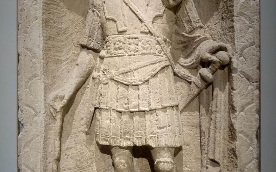 Tombstone of Marcus Favonius Facilis displayed at the museum of Colchester Castle in Colchester, England.  Facilis was a Roman centurion from the Twentieth Legion who died a few years after the AD 43 invasion of Britain.