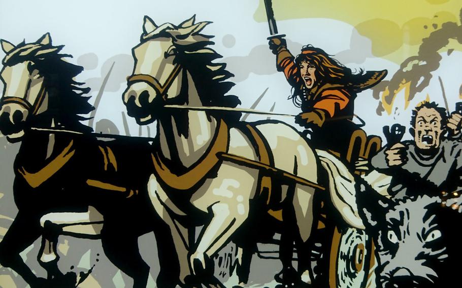 An illustration of Boadicea's uprising at the Colchester Castle in Colchester, England.  The British folk hero was a queen of the British Celtic Iceni tribe who led a failed uprising against the occupying forces of the Roman Empire in AD 60.