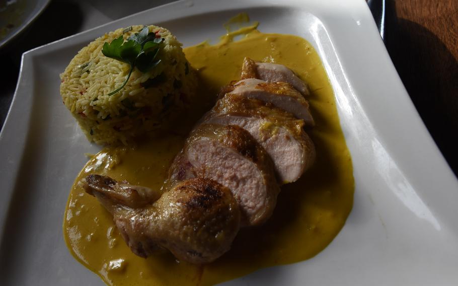 This corn-fed chicken with rice in a curry sauce was one of the lunch specials in early February at the Schlemmerscheune restaurant in Weilerbach, Germany. The restaurant has new lunch specials every week, Tuesday to Friday, from 11:30 a.m. to 1:30 p.m.