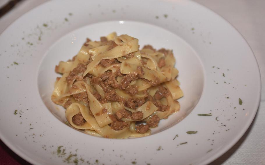 Tagiatelle pasta with a duck sauce was a recent offering at La Torre, a restaurant in Pordenone, Italy, owned by a local who operates the school buses that ferry many American kids from home to school.