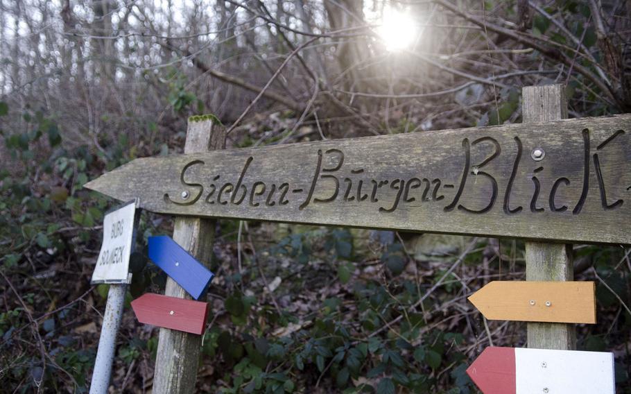 A sign points the way to the Sieben-Buergen-Blick, or Seven Castles' View, an observation platform in the hills above the Rhine near the town of Niedernheimbach, Germany. It's about a 45-minute hike up a moderate incline to the platform.