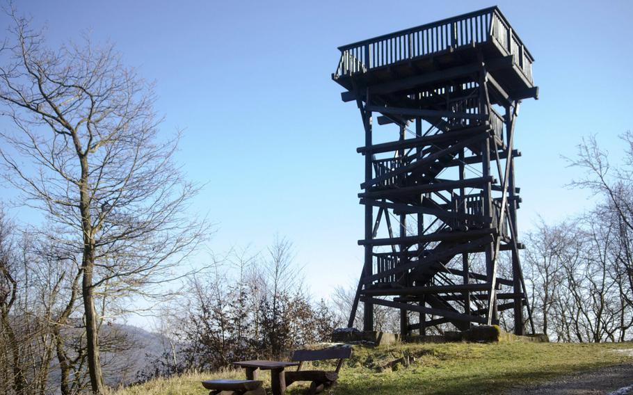 The Sieben-Buergen-Blick, an observation platform from which visitors can see seven Rhine valley castles, rises above the town of Niederheimbach, Germany. The platform is a pleasant, moderately inclined hike from the town and the parking area for nearby Sooneck Castle.
