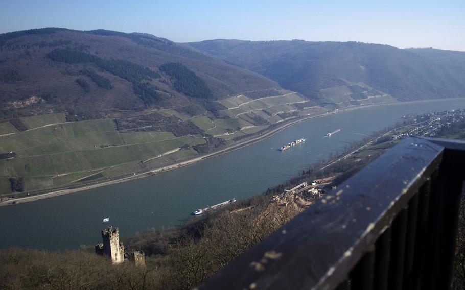 A view of Sooneck Castle, bottom left, and the Rhine from the Sieben-Buergen-Blick, or Seven Castles' View, an observation platform above the town of Niederheimbach, Germany. The tower is a 45-minute hike from the parking lot for Sooneck Castle.