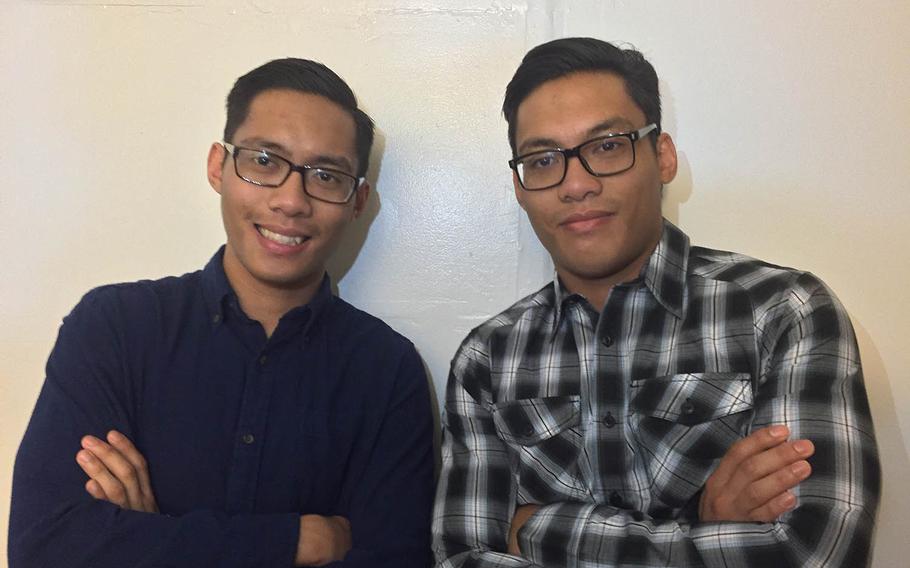 James Sena, left, and twin brother John Sena, right, who emigrated from the Philippines with their parents when they were children, ship out to basic training in March. As 'Dreamers', they enlisted in the Army as a way to repay the only country they call home, but waited more than two years for their background checks to clear.