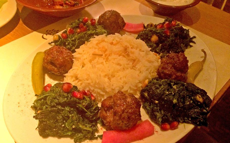 Ruz ma sabanegh, or lamb meatballs with rice and spinach, at Saytoune restaurant in Wiesbaden, Germany. While the restaurant is not inexpensive, the portions are extremely generous.
