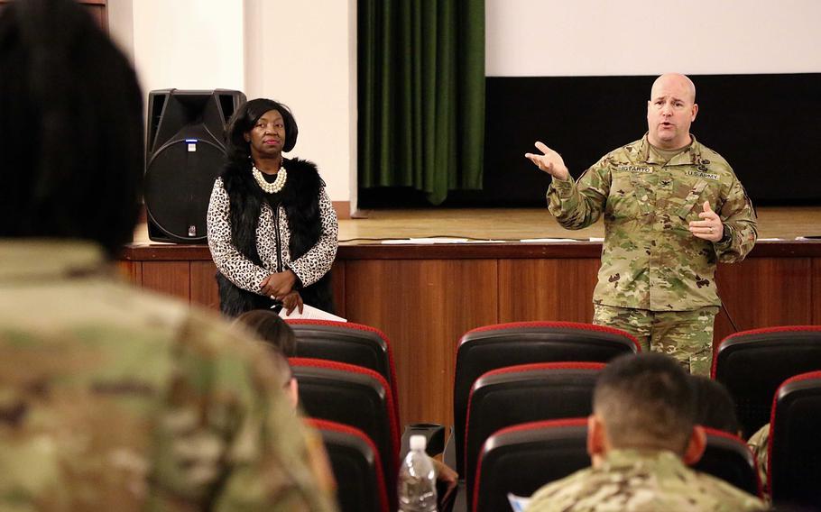 Col. Keith Igyarto, commander of U.S. Army Garrison Rheinland-Pfalz, explains the process to eliminate Legionella bacteria from the barracks' water systems to troops on Wednesday, March 7, 2018. The soldiers live in barracks at Baumholder that tested positive for Legionella bacteria, which causes Legionnaires' disease. 

Will Morris/Stars and Stripes
