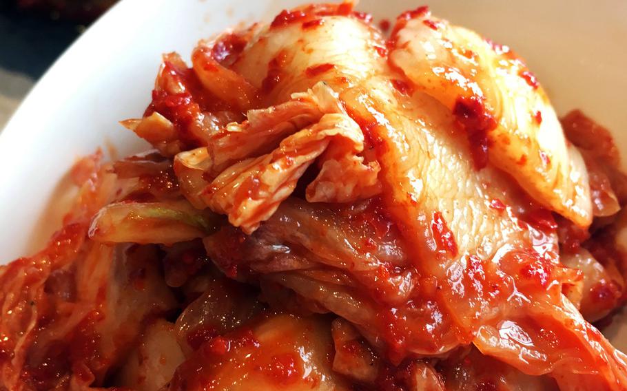 Cabbage kimchi from Korean Restaurant Bab, in Grafenwoehr, Germany.