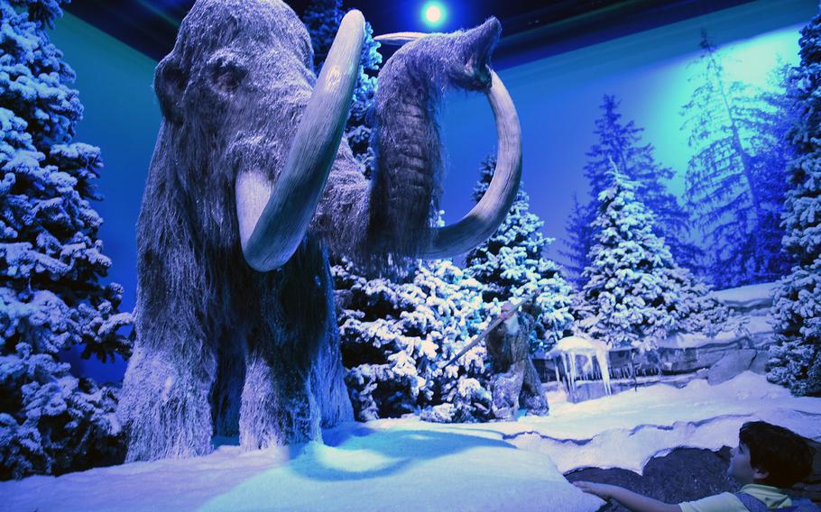 An exhibit at Gondwana - Das Praehistorium, an interactive museum near Kaiserslautern, Germany, depicts life during the Ice Age.