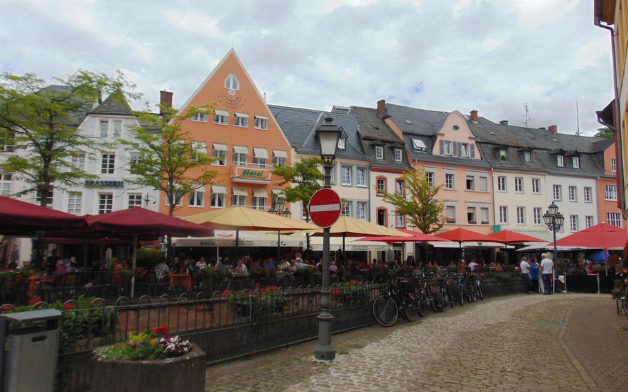 The town of Saarburg, Germany, has more to offer than the waterfall for which it is best known, including this pleasant street of restaurants and shops.