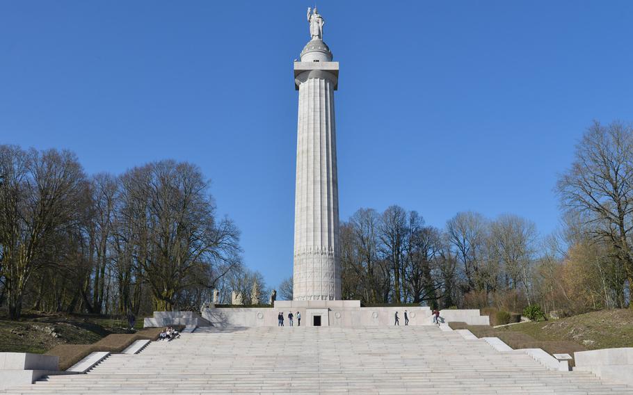 The World War I Montfaucon American Monument at Montfaucon-en-Argonne, France. It is a massive Doric column topped by a statue representing Liberty.  A climb of 234 steps to the top gives visitors a view over the French countryside.