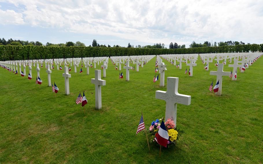 Graves at Meuse-Argonne American Cemetery, decorated with American and French flags for Memorial Day. The cemetery is the largest administrated by the American Battle Monuments Commission in Europe.