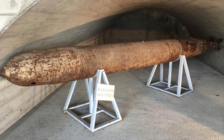 A torpedo on display at Nagasaki City’s Mitsubishi Sumiyoshi Tunnel Arms Factory, which manufactured aircraft torpedoes in the final days of World War II and was witness to the horrors of the atomic bombing on Aug. 9. 1945.