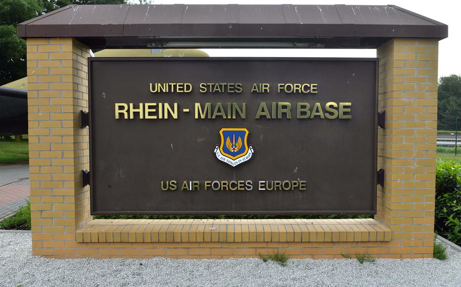 A Rhein-Main Air Base sign is among the objects on display at the Berlin Airlift Memorial near Frankfurt, Germany. During the 1948-49 airlift, planes took off and landed at what was then Rhein-Main Air Base. The old base is now part of an expanded international airport.