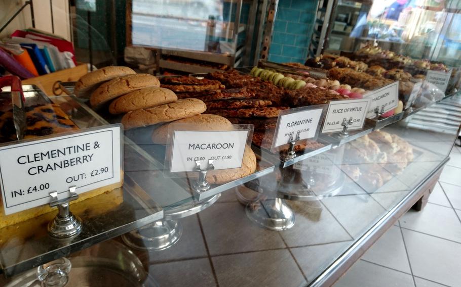 Baked goods available for dining in or out from the Fitzbillies at 52 Trumpington St. in Cambridge, England, Tuesday, June 5, 2018. The freshly made cakes and tarts range from 1.80 to 4 pounds ($2.40 to $5.40).