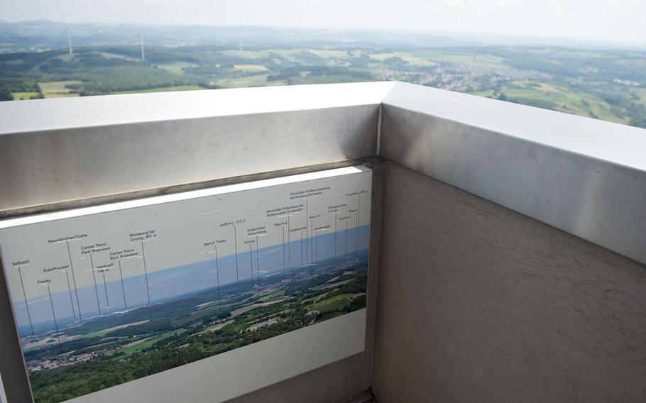 Survey photographs mounted on the viewing platform of the Schaumberg tower help orient visitors and identify distant geography.