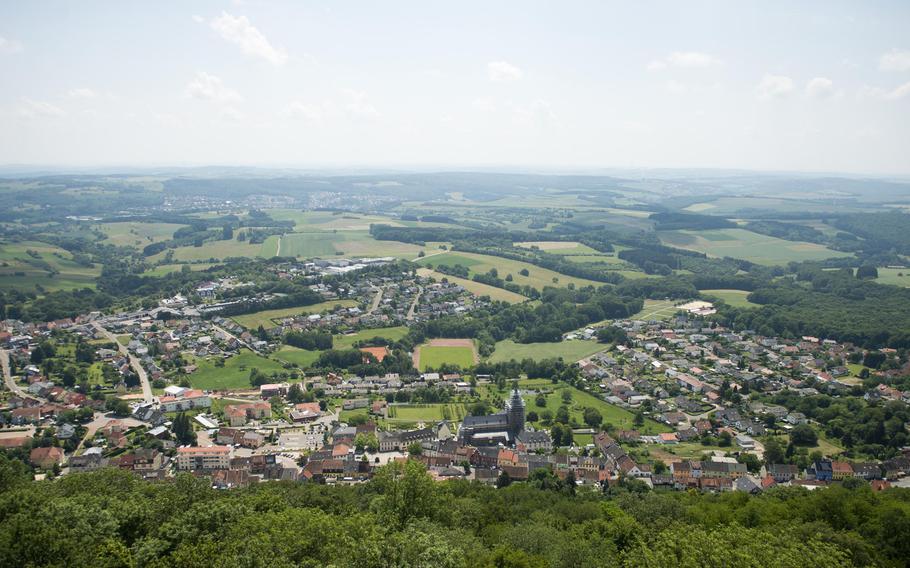 The viewing platform of the Schaumberg tower offers a unique view of Tholey, Germany.