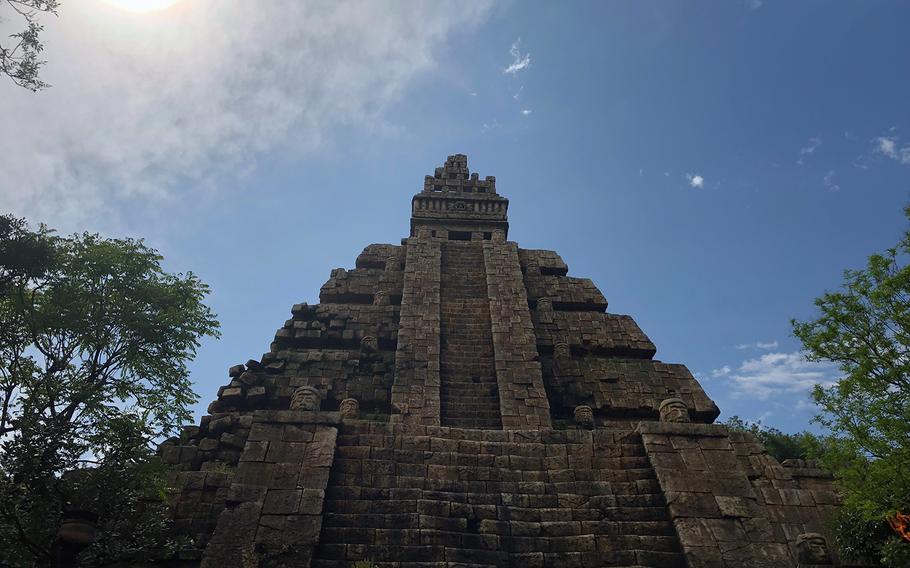A temple in the Lost River Delta area of Tokyo DisneySea dares brave visitors to ride Indiana Jones Adventure: Temple of the Crystal Skull.