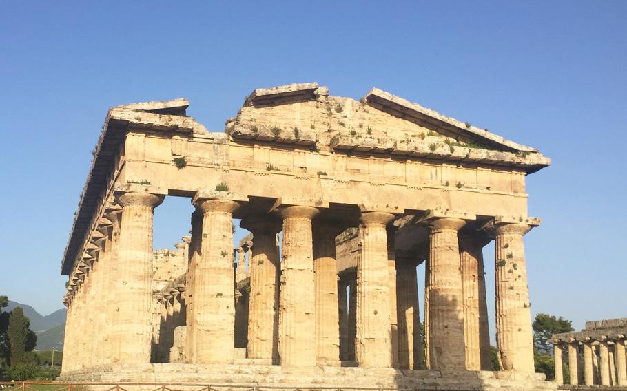The second temple of Hera, built about 450 B.C.  It is one of three ancient Greek temples that stand amid the Paestum ruins in Salerno, Italy.