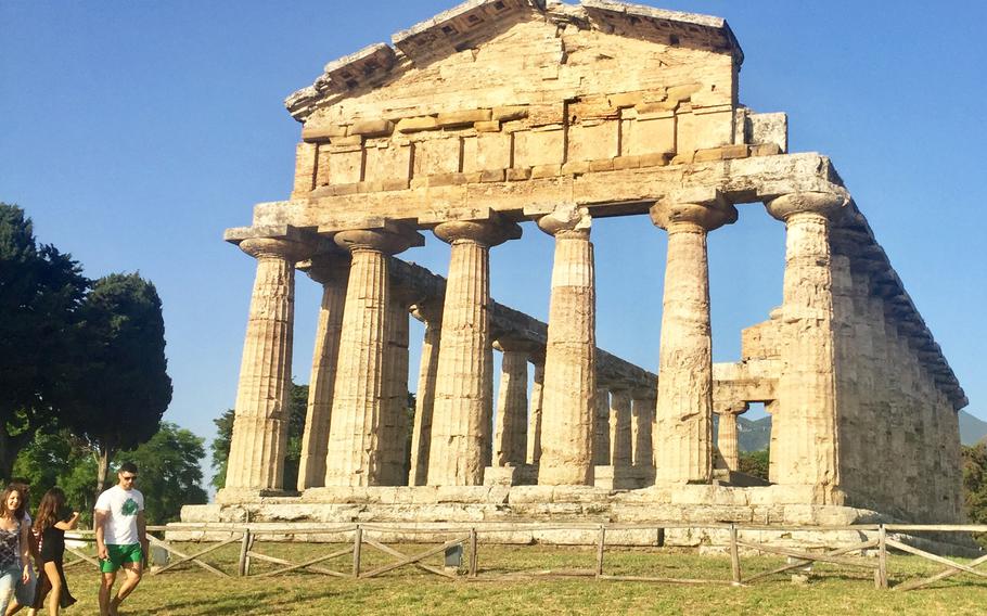 The Athena temple dates back to 500 B.C. It is one of three Greek temples at the Paestum ruins in Salerno, Italy.