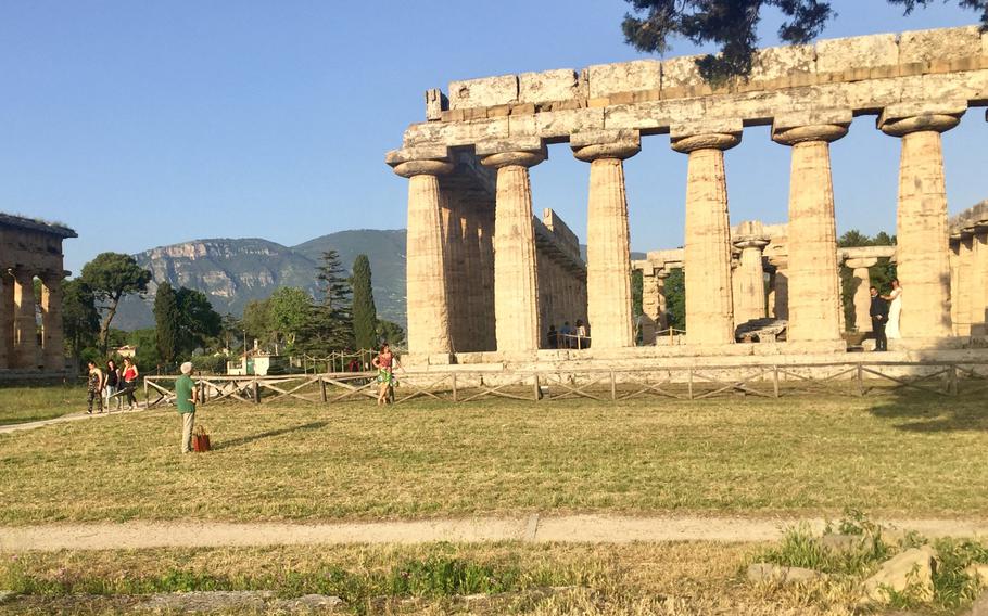 Salerno, Italy's coastal mountains form a majestic backdrop to the ancient Greek ruins in Paestum.