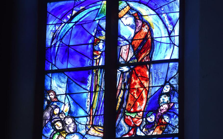 David playing the harp is depicted in one of the brightly-hued Marc Chagall stained-glass windows at St. Stephan's church in Mainz, Germany.