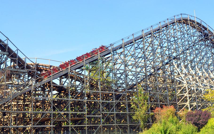 The wooden roller coaster Loup-Garou, or Werewolf, is one of the signature thrill rides to be found at Walibi Belgium, a theme park in Wavre, Belgium.