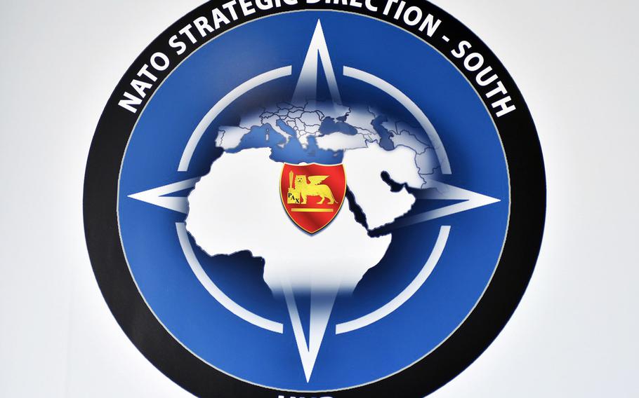 Logo for NATO's southern hub at the Allied Joint Forces Command near Naples, Italy. The hub's main mission is to identify the root causes of threats to Europe's southern borders so allies can take preventive measures.