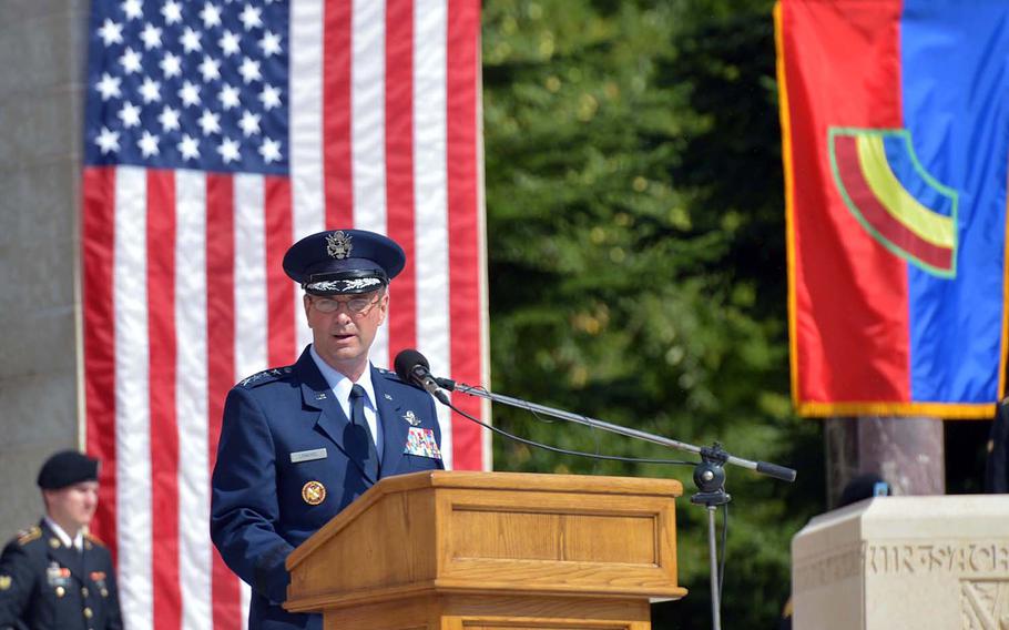 Gen. Joseph L. Lengyel, chief of the National Guard Bureau, speaks at the ceremony marking the centennial of the Oise-Aisne Offensive at Oise-Aisne American Cemetery at Seringes-et-Nesles, France, Saturday, July 28, 2018.