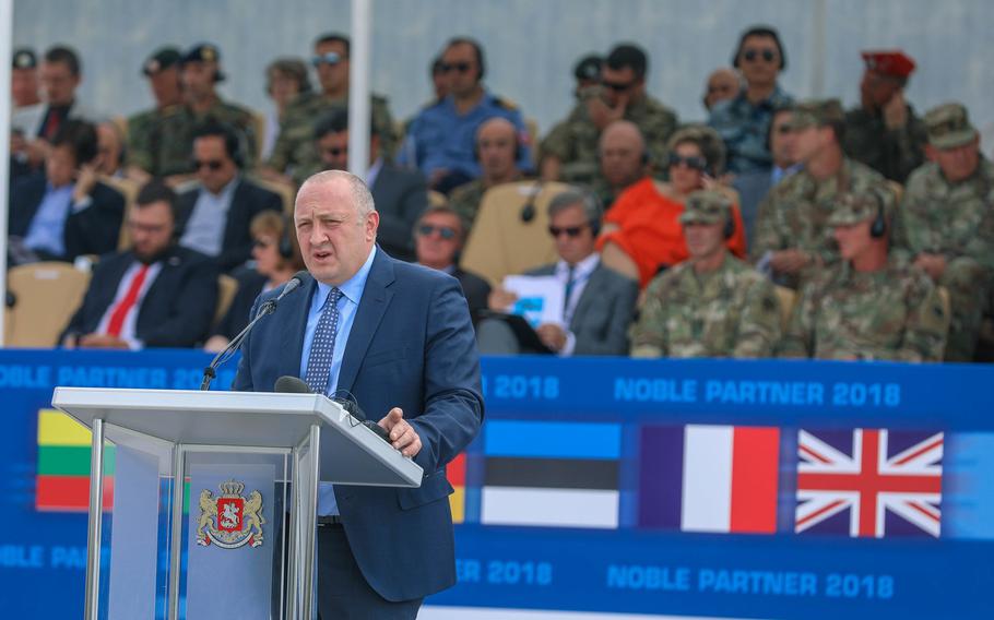 Giorgi Margvelashvili, President of Georgia, speaking at the Noble Partner 18 opening ceremony at the Vaziani Airfield, Georgia, on Aug. 1, 2018. Noble Partner 2018 is an annual Georgian and U.S. Army Europe exercise. It is intended to support and enhance the readiness and interoperability during a multinational training operation.