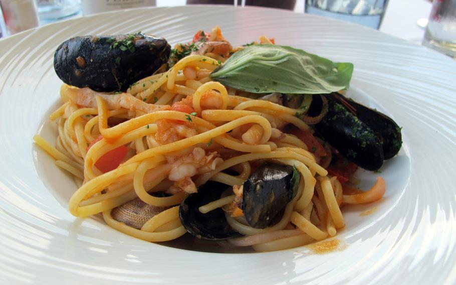 Linguine with seafood, a staple of Mediterranean cooking and served at most restaurants in Sirmione, Italy, is especially good at Arcimboldo.