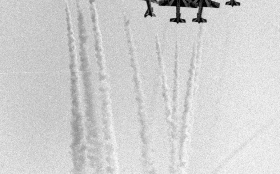 Italian Aermacchi MB-339 fighter jets perform an aerial maneuver moments before three collided in midair at Ramstein Air Base in Germany, killing 70 people and injuring 450 on Aug. 28, 1988. The jets were part of the precision-flying team Frecce Tricolori, and the crash happened during the show's final maneuver.