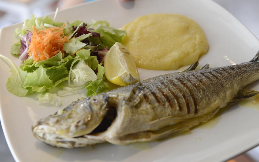 One second-course option during a recent-visit to Oniga, a restaurant in Venice, Italy, was a sea bass  with a portion of polenta and a side salad.