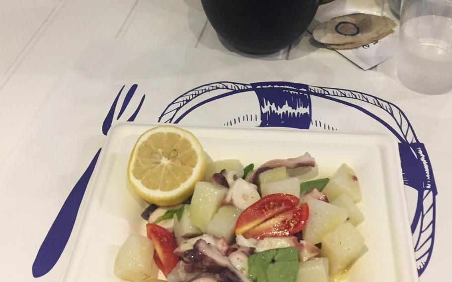 Octopus salad is part of the diverse seafood menu at Trattoria Del Mare restaurant in Pozzuoli, Italy.