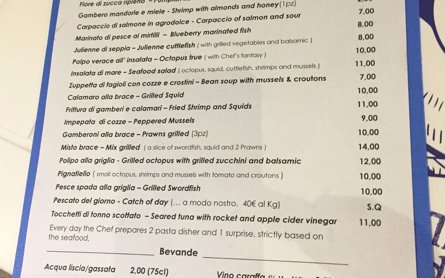 Trattoria del Mare's one-page menu has a surprising selection of seafood, from familiar items such as fried calamari to blueberry-marinated fish.