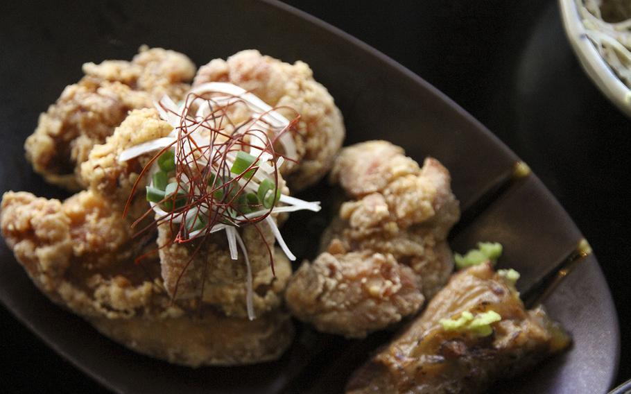 The fried chicken at Hanakinah Okinawa Soba comes with a sweet soy sauce dipping sauce. For an extra kick, try it with the koregusu spicy sauce.