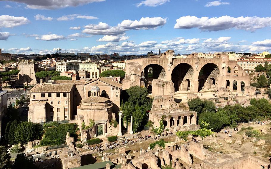 Palatine Hill, across from the Colosseum, gives you the same perspective that emperors enjoyed, including a view of the Forum and Rome's historic central area.