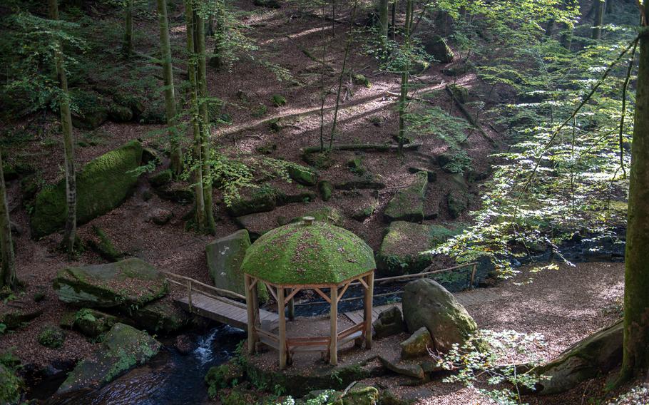 A gazebo is one of the many photo opportunities in  Karlstalschlucht, near Trippstadt, Germany.