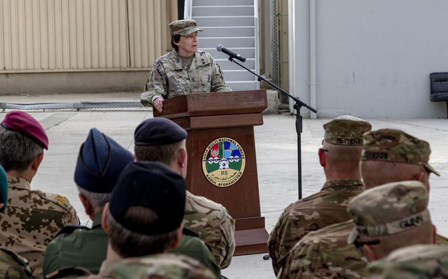 U.S. Army Maj. Gen. Robin Fontes, outgoing commander, Combined Security Transition Command - Afghanistan delivers remarks during a change of command ceremony in Kabul, Afghanistan. U.S. Army Lt. Gen. James Rainey assumed command of CSTC-A during the ceremony.