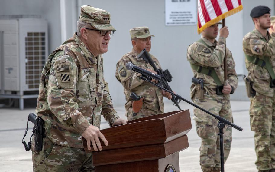 U.S. Army Lt. Gen. James Rainey, commander, Combined Security Transition Command - Afghanistan delivers remarks during a change of command ceremony in Kabul, Afghanistan. Rainey assumed command of CSTC-A during the ceremony.