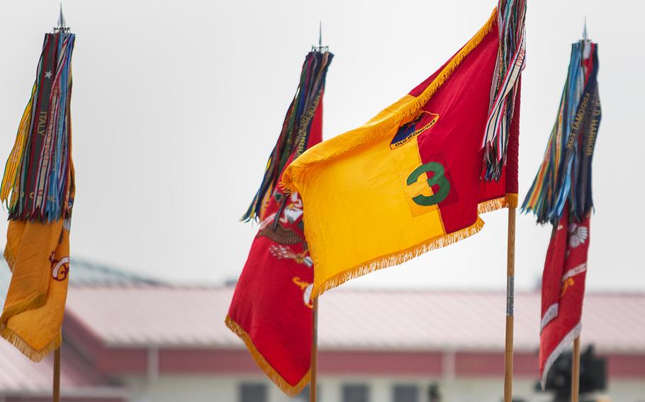 3rd Armored Brigade, 1st Armored Division colors are displayed during a transfer of authority ceremony at Camp Humphreys, South Korea, Monday, Oct. 22, 2018.