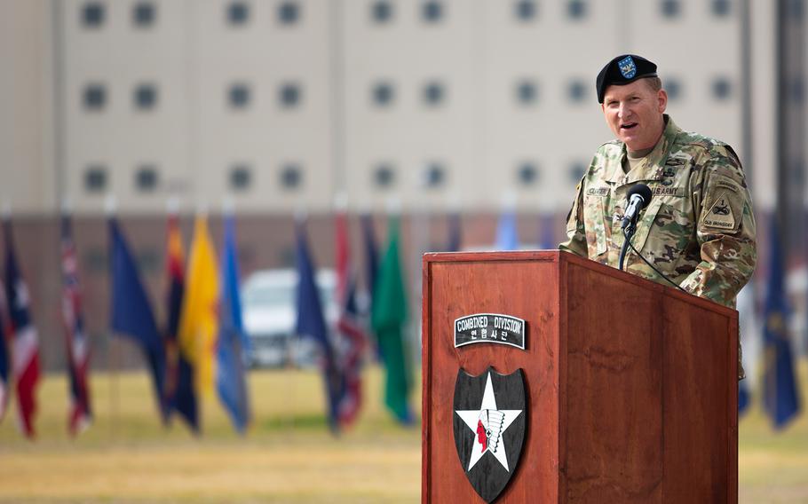 3rd Armored Brigade Combat Team, 1st Armored Division commander Col. Marc Cloutier speaks during a transfer of authority ceremony at Camp Humphreys, South Korea, Monday, Oct. 22, 2018.