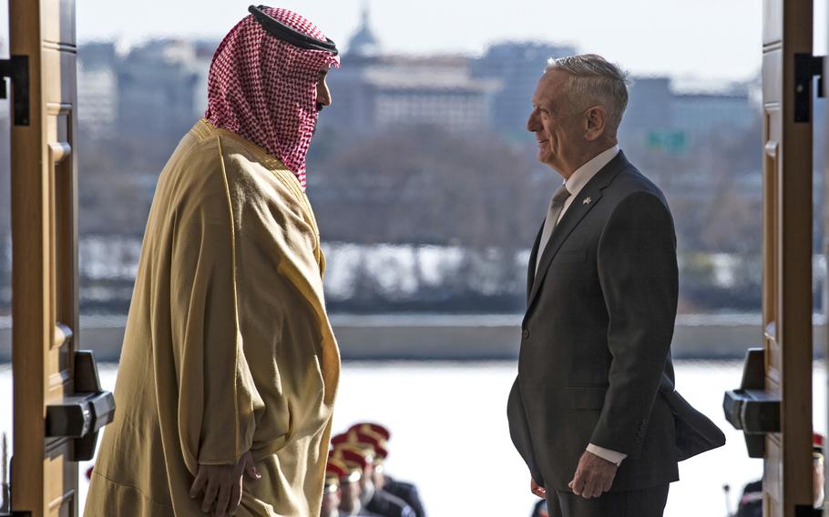 Defense Secretary Jim Mattis meets with Saudi Arabia's Crown Prince Mohammed bin Salman bin Abdulaziz at the Pentagon in Arlington, Va., Mar. 22, 2018.