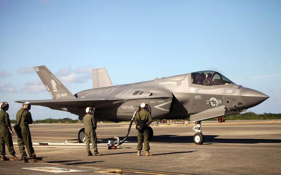 An F-35B Lightning II refuels at Marine Corps Air Station Futenma, Okinawa, Tuesday, Nov. 27, 2018. The F-35B landed, refueled and took off for the first time at Futenma.