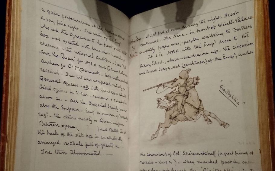 The journal kept by Prince of Wales during a trip to Russia in 1866 displayed Dec. 15 in the Queen's Gallery at Buckingham Palace, London. Currently on display at the gallery are two exhibitions focusing on Britain's relationship with Russia over the past 300 years through diplomatic alliances, linked dynasties and war.