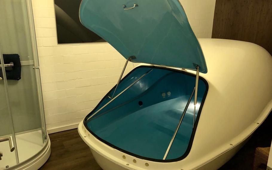 One of two flotation tanks at the Just Float center in Kaiserslautern. The soundproof tanks are filled with about a foot of extra-salty water at skin temperature, resulting in sensory deprivation and deep relaxation.