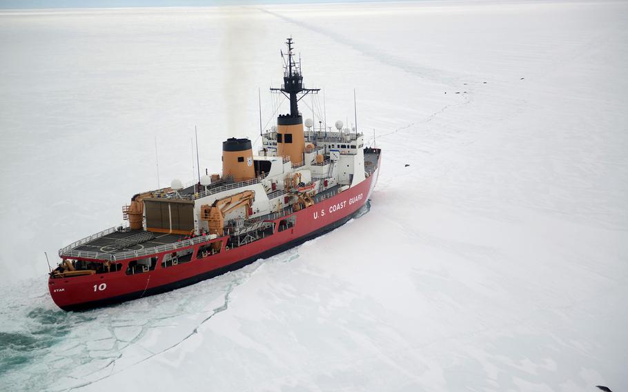 The Coast Guard cutter Polar Star cuts through Antarctic ice in the Ross Sea, creating a navigation channel for supply ships, Jan. 16, 2017. The Coast Guard will receive $655 million for a new polar icebreaker.