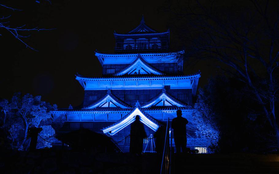 Hiroshima Castle, in Japan, glows in the dark Feb. 27 during an art show commemorating the 400th anniversary of the Asano clan taking ownership of the castle and surrounding lands.