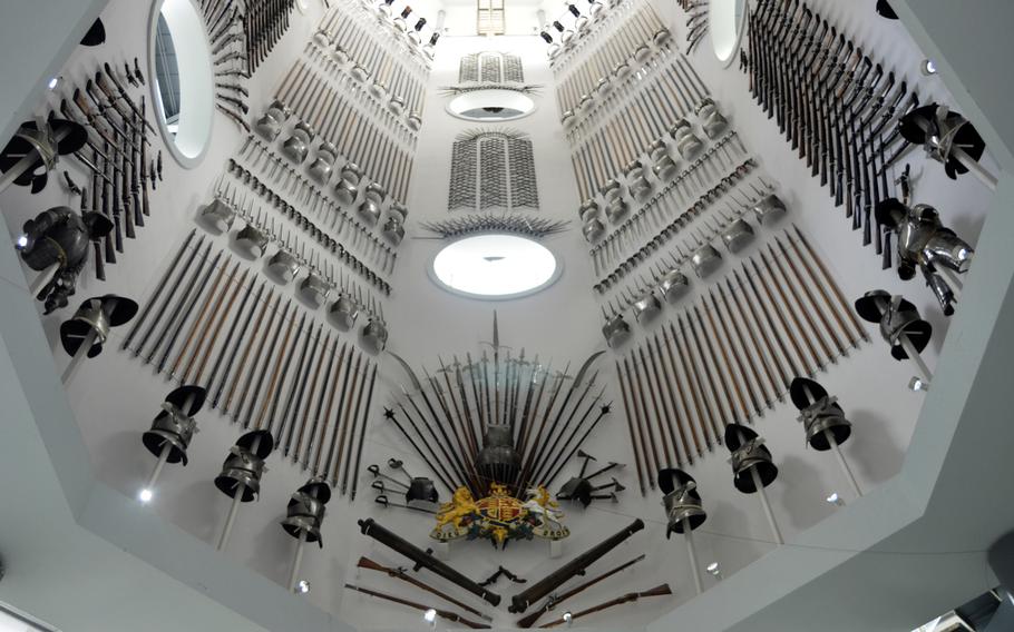 The Hall of Steel located inside the Leeds Royal Armouries Museum in Leeds, England. The architectural centerpiece displays 2,700 pieces of military equipment from the 17th- and 19th-century.